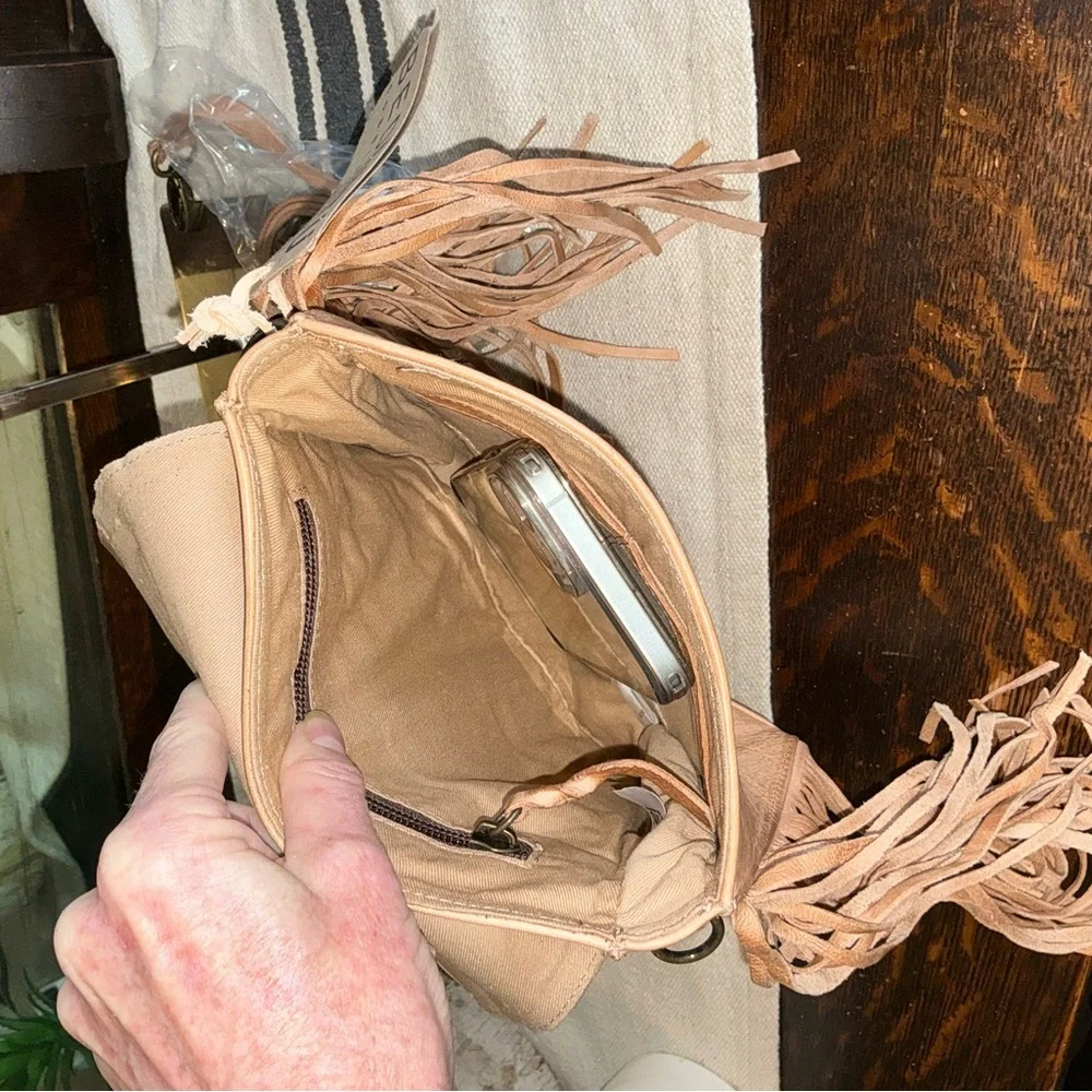 NWT Bed Stu Fringe Leather Hidden Crossbody Bag Handbag Tan DD  Retail $245